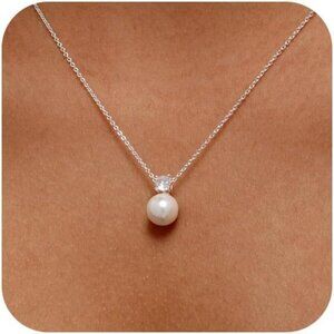 Women's Trendy Dainty Silver Necklace Simple CZ Pearl Pendant Necklace Cute